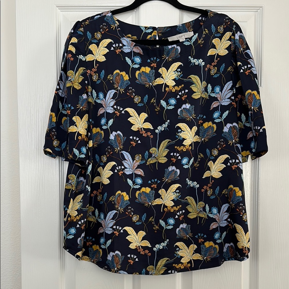 LOFT Floral Print Blouse - Navy and Yellow